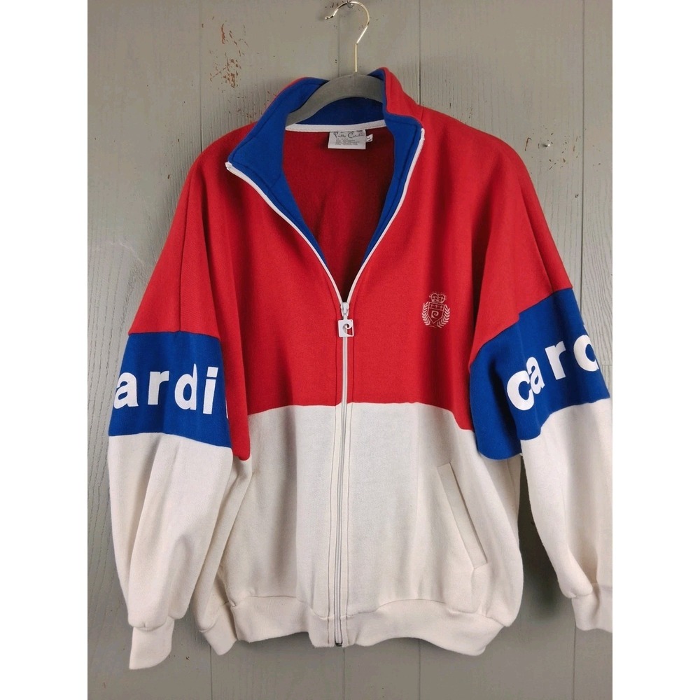 Vintage‎ Pierre Cardin M Tracksuit Jacket Spellout Fleece Red White Blue Baggy